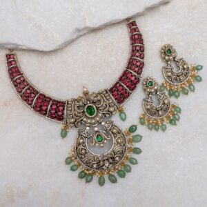 Victorian ruby green stone necklace set with antique finish and matching earrings