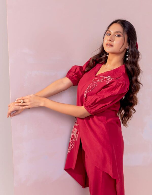 Stylish Maroon Co-Ord Set for Women | Embroidered Top & Pants