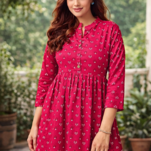 Indo-Western printed rayon frock in red