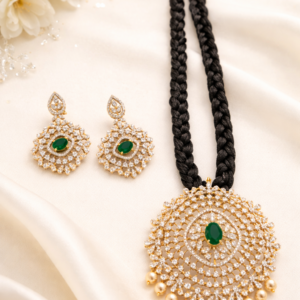 Black thread CZ stone necklace set with green stone pendant and earrings