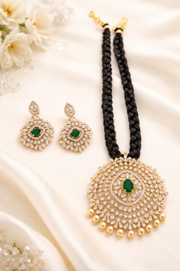 Black thread CZ stone necklace set with green stone pendant and earrings