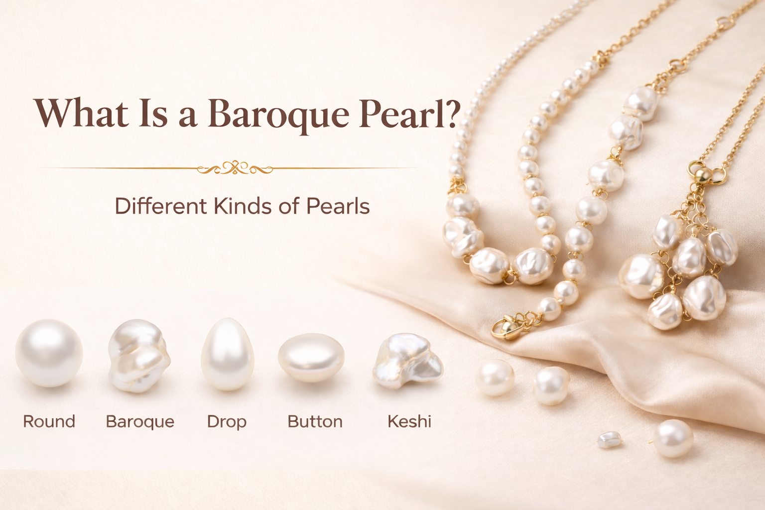 Different kinds of pearls showing baroque, round, drop, button, and keshi pearl shapes with jewellery examples
