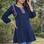 Navy blue embroidered cotton kurti for women