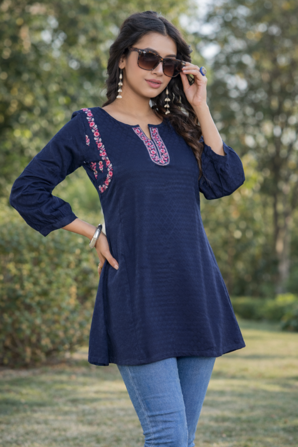 Navy blue embroidered cotton kurti for women