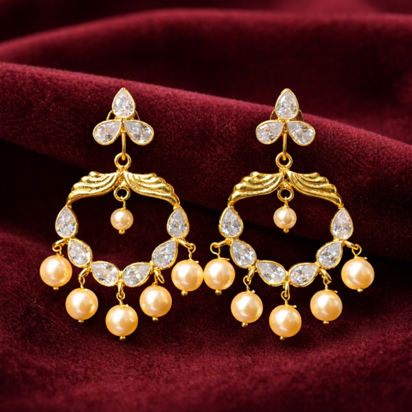 Gold plated chandbali earrings with Swarovski crystals and pearl drops