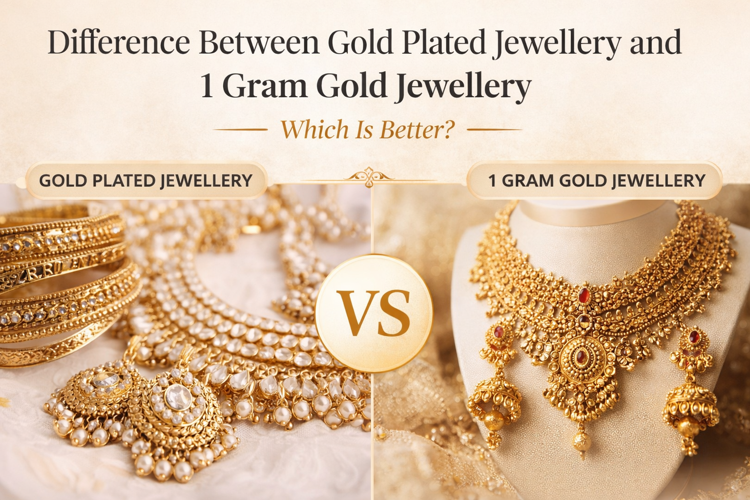 Difference between gold plated jewellery and 1 gram gold jewellery