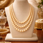 Three layer Swarovski pearl necklace with natural finish displayed on velvet bust